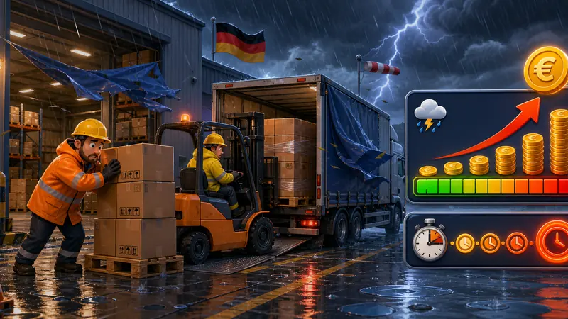 Cartoon-style B2B warehouse scene where severe weather delays unloading and increases delivery costs.