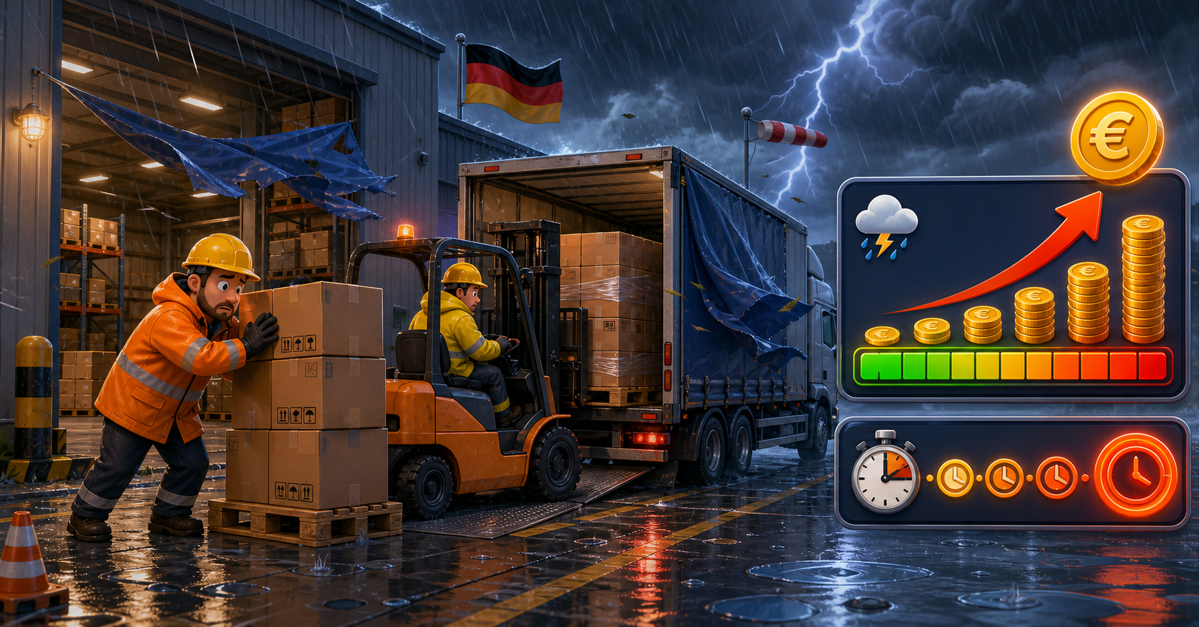 B2B-Lagerszene im Cartoon-Stil, in der Unwetter die Entladung verzögern und die Lieferkosten erhöhen.